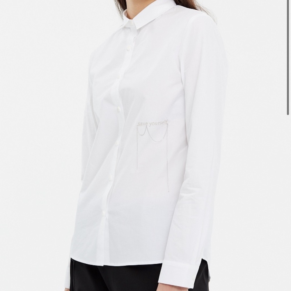 White Long-Sleeve Button-Down Shirt with Subtle Chest Accent
